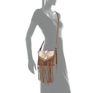 Kooba Leather Handbag Bag Brown Python Fringe Logo New Womens Cross body Snake